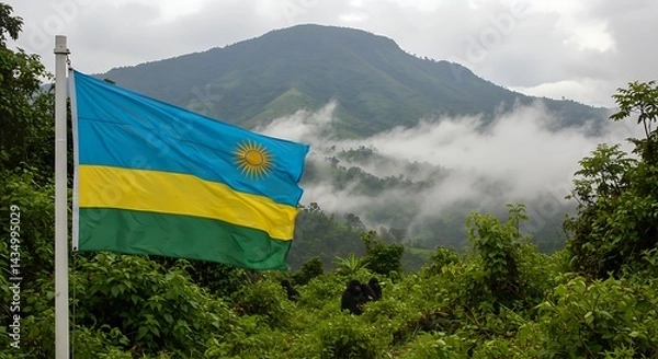 Fototapeta Rwanda's flag waving proudly, nestled among rolling hills and misty landscapes