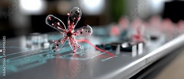 Fototapeta Abstract floral design with glowing red elements on a futuristic circuit board