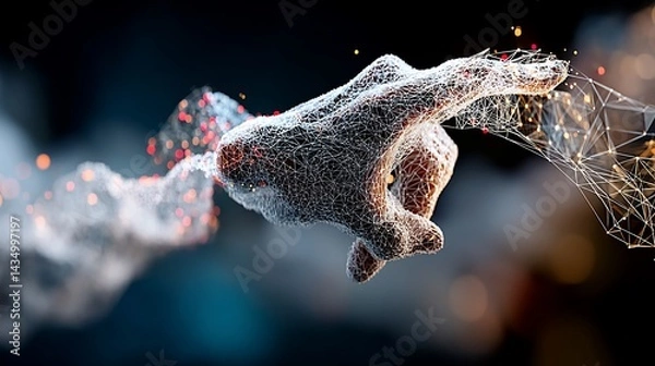 Fototapeta Abstract hand reaching with connected dots and blurred lights