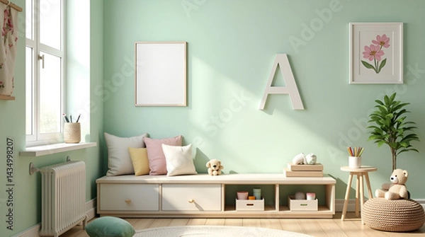 Fototapeta Minimalist Kids Room in Mint Green and Beige with Letter Cushions, Bookshelf, and Teddy Bears - Modern, Clutter-Free Design