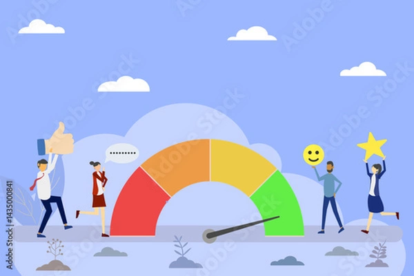 Obraz Business Team Achieving Positive Feedback and High Satisfaction Concept, Flat Illustration of People Celebrating with Like, Chat, Smile, and Star Symbols with Satisfaction Meter in Green Zone