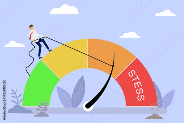 Obraz Businessman Managing Stress Level Concept, Minimalist Flat Illustration of Person Pulling Down Stress Meter Needle from Red Zone, Business Mental Health Management