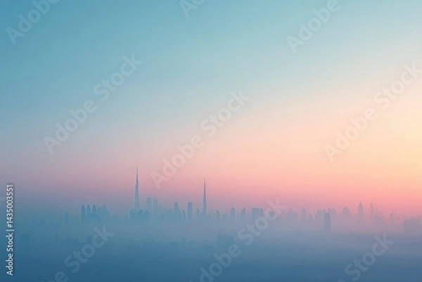Fototapeta smog-filled urban skyline under dull overcast sky blending shades of gray and brown with minimalistic composition emphasizing