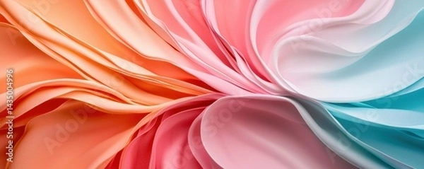 Fototapeta A vibrant, flowing fabric design showcasing soft colors transitioning from orange to pink and turquoise.