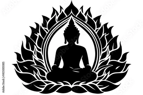 Fototapeta Silhouette of Buddha Sitting in Lotus Pose with Flame Temple Border Vector Spiritual Illustration on White Background