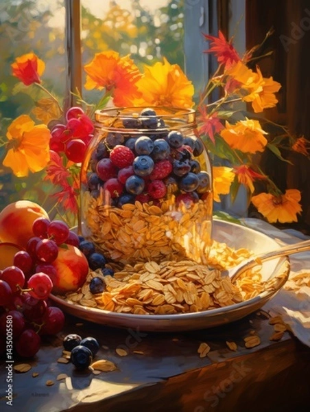 Fototapeta A vibrant still life featuring a jar of berries and oats, surrounded by colorful flowers and autumn leaves, illuminated by soft sunlight.