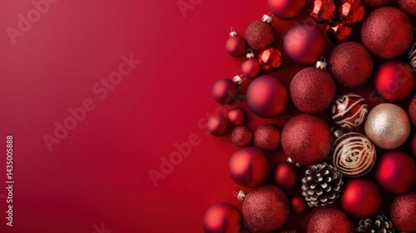 Fototapeta A festive arrangement of red and gold Christmas ornaments on a rich red background, evoking holiday spirit and warmth.