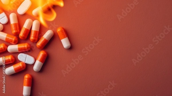Fototapeta Colorful capsules scattered on a flat surface, with flames emerging from the top, creating a dramatic and dynamic visual effect.
