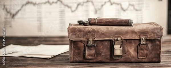 Fototapeta A vintage leather briefcase rests on a wooden surface, with a backdrop of financial charts and documents, suggesting a professional or business context.