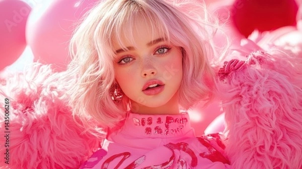 Fototapeta A vibrant portrait of a young woman with pink hair and makeup, surrounded by pink balloons, exuding a playful and whimsical atmosphere.