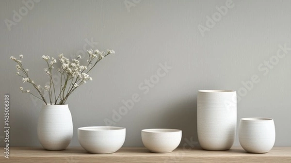 Fototapeta A minimalist arrangement of white pottery vases with delicate flowers, set against a soft gray wall and natural wooden surface.