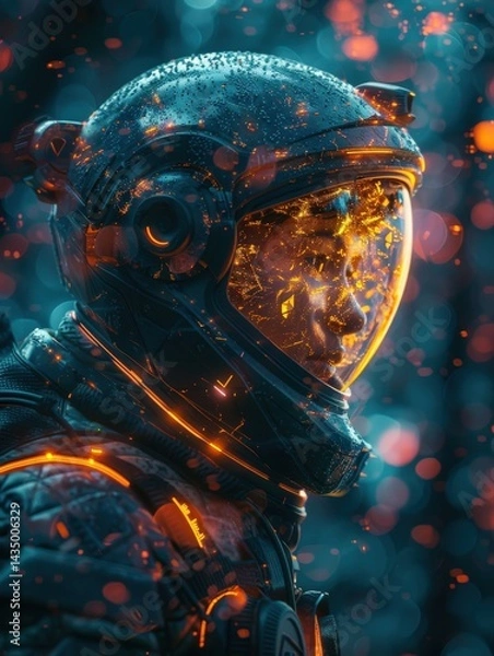 Fototapeta A futuristic astronaut helmet with glowing elements, set against a vibrant, cosmic background, evoking themes of space exploration and technology.