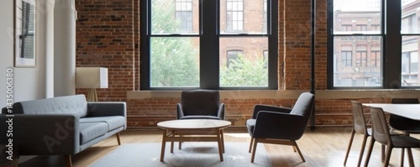Fototapeta A stylish, modern living room featuring brick walls, large windows, and contemporary furniture, creating a warm and inviting atmosphere.