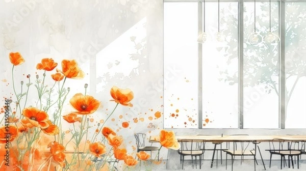 Fototapeta A bright, airy space with large windows and a watercolor depiction of orange flowers, creating a vibrant and inviting atmosphere.