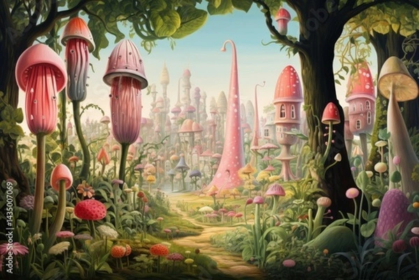 Fototapeta A whimsical landscape featuring oversized mushrooms, vibrant flowers, and fantastical homes, creating an enchanting and colorful fairy-tale setting.