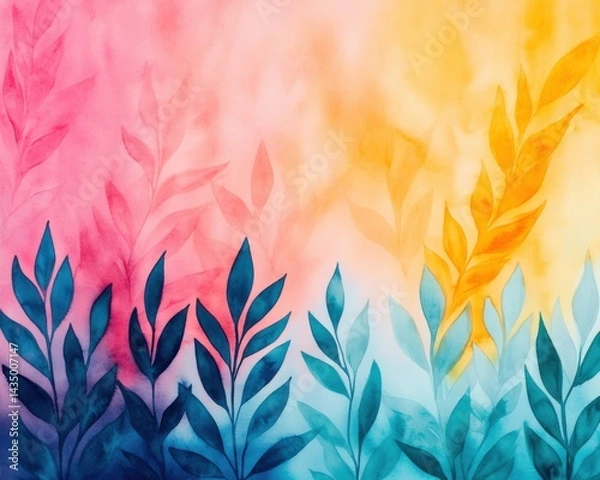 Fototapeta A vibrant watercolor illustration featuring leaves in shades of blue, turquoise, pink, and yellow against a soft gradient background.