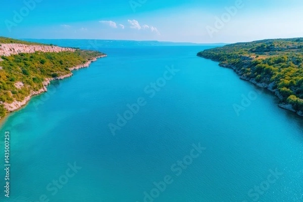 Fototapeta A serene landscape featuring a turquoise river bordered by lush greenery under a clear blue sky.