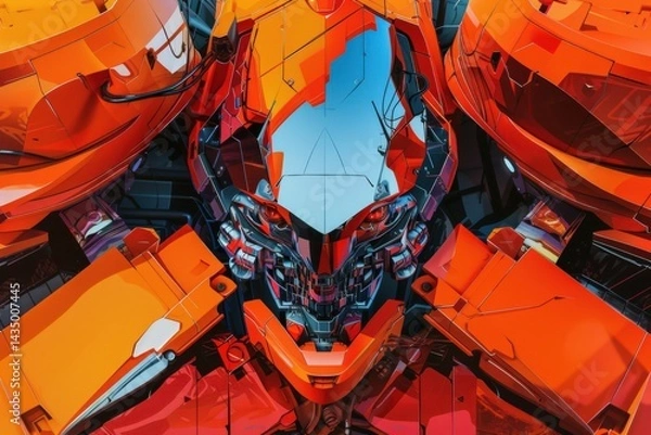 Fototapeta A striking, futuristic robot head with vibrant orange and reflective metallic details, showcasing advanced design and technology.
