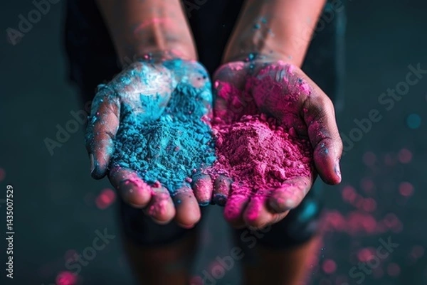 Fototapeta Joyful holi festival close-up of colorful hands holding pink and yellow powders, capturing the vibrancy, tradition, and cultural importance of indias iconic celebration of happiness and unity