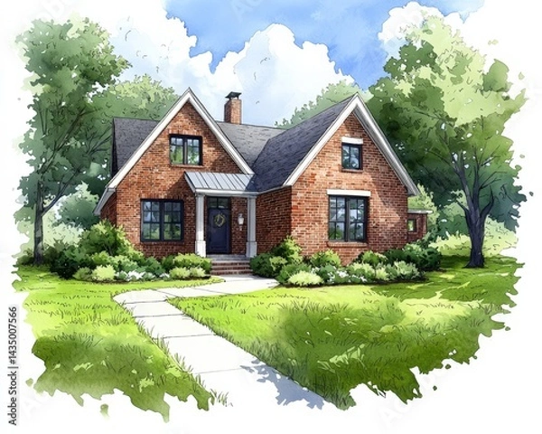 Fototapeta A charming illustrated brick house surrounded by lush greenery, with a pathway leading to the entrance under a bright, partly cloudy sky.