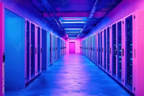 Fototapeta A brightly lit corridor filled with server racks, illuminated in vibrant pink and blue hues, creating a futuristic tech environment.
