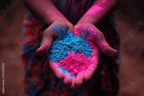Fototapeta Joyful holi festival close-up of colorful hands holding pink and yellow powders, capturing the vibrancy, tradition, and cultural importance of indias iconic celebration of happiness and unity