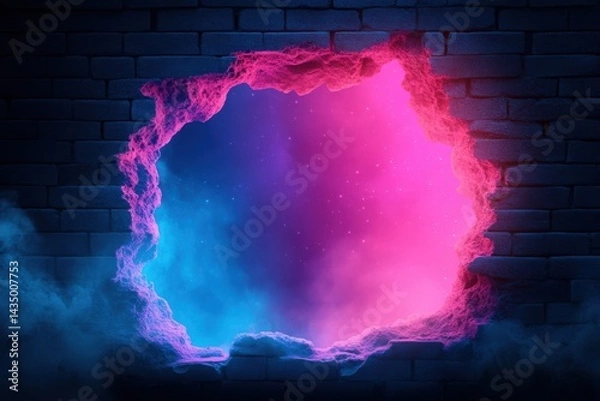 Fototapeta A vibrant, glowing hole in a brick wall reveals a colorful cosmic scene filled with stars and ethereal fog.