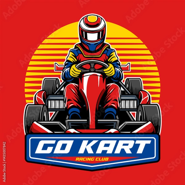 Fototapeta Kart sport racing, red color with a man driver emblem from front view logo cartoon illustration for poster, t-shirt print, business element, social media content, blog, sticker, vlog, and card