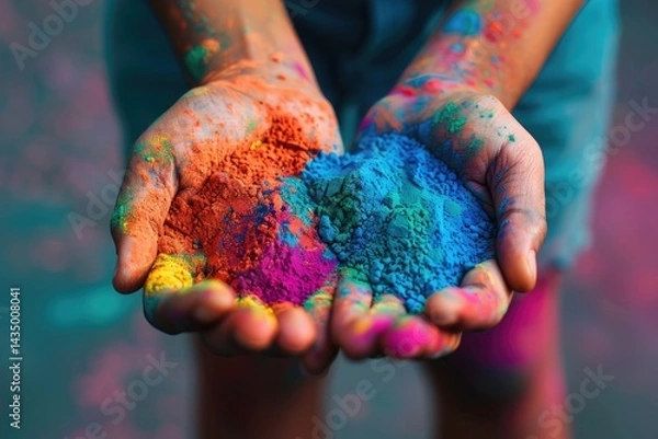 Fototapeta Joyful holi festival close-up of colorful hands holding pink and yellow powders, capturing the vibrancy, tradition, and cultural importance of indias iconic celebration of happiness and unity