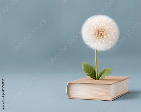 Fototapeta 3D book with soft lighting, a dandelion flower growing on it
