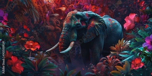 Fototapeta Colorful elephant adorned with flowers during vibrant festival celebration, surrounded by joyful people and colorful powders. scene captures essence of cultural festivities