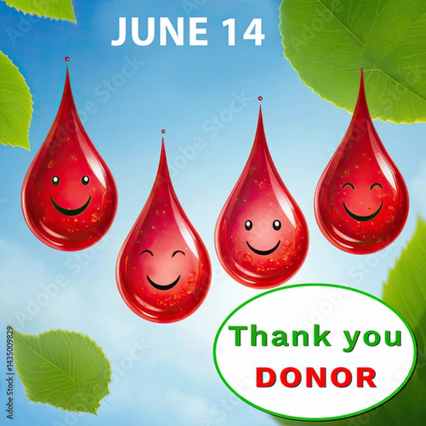 Obraz Cheerful smiling blood droplets expressing gratitude for blood donors with leaves background for World Blood Donor Day