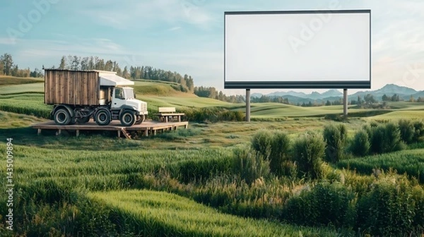 Fototapeta Scenic view Truck & billboard in green field with mountains