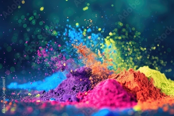 Fototapeta Holi background. Abstract colorful gulal powder and dust rainbow pigment particles explosion. Festive Indian happy holidays greeting card, invitation or banner backdrop. Hindu festival of colours 8k