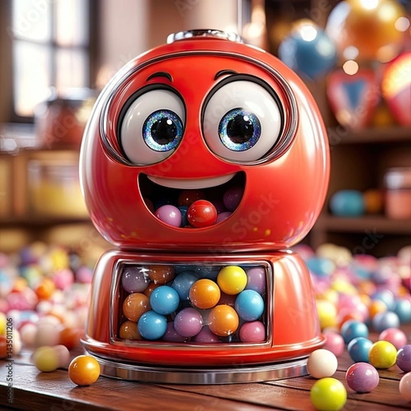 Fototapeta A cheerful, cartoon gumball machine with bright eyes and a wide smile, surrounded by colorful gumballs