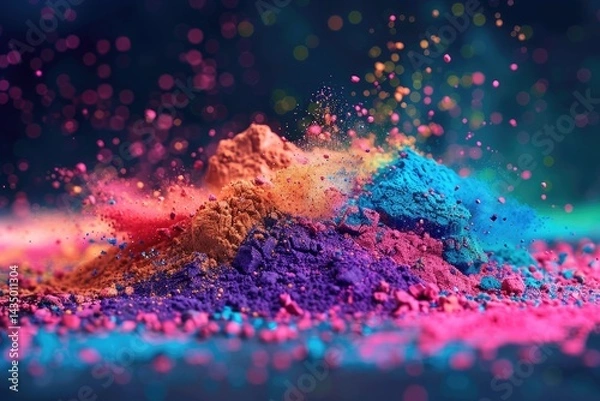 Fototapeta Holi background. Abstract colorful gulal powder and dust rainbow pigment particles explosion. Festive Indian happy holidays greeting card, invitation or banner backdrop. Hindu festival of colours 8k