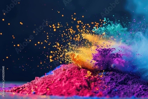 Fototapeta Holi background. Abstract colorful gulal powder and dust rainbow pigment particles explosion. Festive Indian happy holidays greeting card, invitation or banner backdrop. Hindu festival of colours 8k