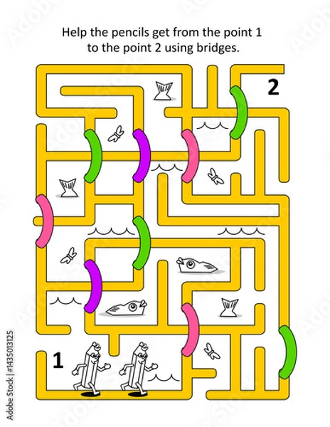 Obraz Maze with bridges. Help the pencils get from the point 1 to the point 2 using bridges.
