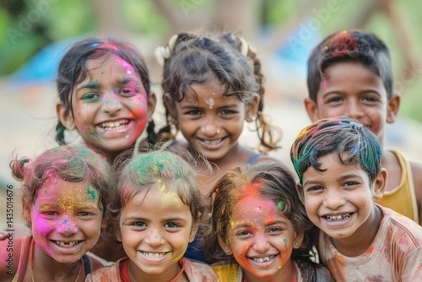 Fototapeta Colorful Holi celebration with joyful children covered in vibrant powders