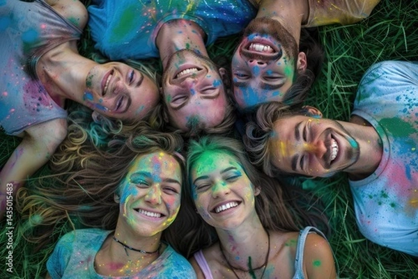 Fototapeta various ethnic groups Covered with Holi powder lying on the grass laughing and looking up and posing for peace for the camera in the park at the Holi festival in summer.