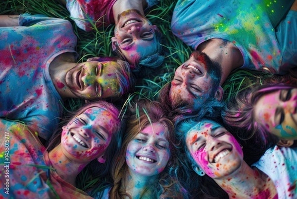 Fototapeta various ethnic groups Covered with Holi powder lying on the grass laughing and looking up and posing for peace for the camera in the park at the Holi festival in summer.