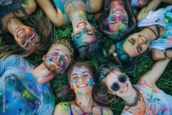 Fototapeta various ethnic groups Covered with Holi powder lying on the grass laughing and looking up and posing for peace for the camera in the park at the Holi festival in summer.