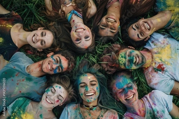 Fototapeta various ethnic groups Covered with Holi powder lying on the grass laughing and looking up and posing for peace for the camera in the park at the Holi festival in summer.