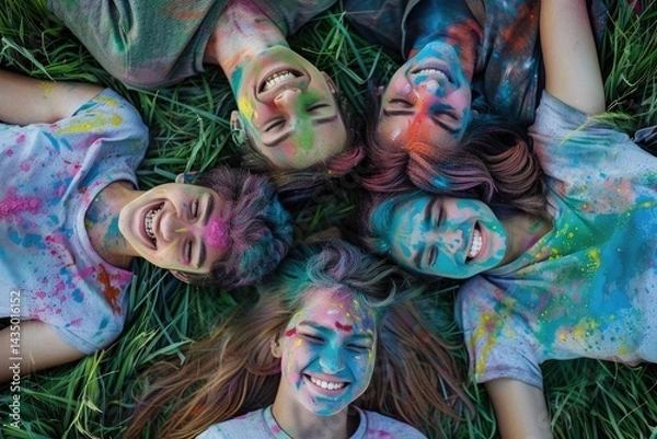 Fototapeta various ethnic groups Covered with Holi powder lying on the grass laughing and looking up and posing for peace for the camera in the park at the Holi festival in summer.