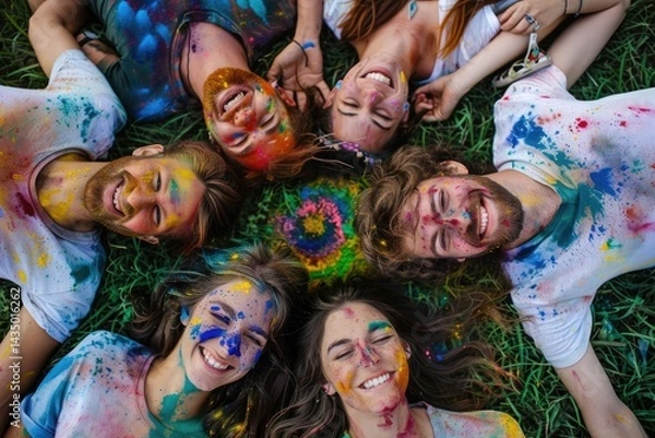 Fototapeta various ethnic groups Covered with Holi powder lying on the grass laughing and looking up and posing for peace for the camera in the park at the Holi festival in summer.