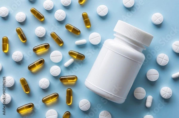 Fototapeta Assorted Pills and Capsules with Medicine Bottle on Blue Background