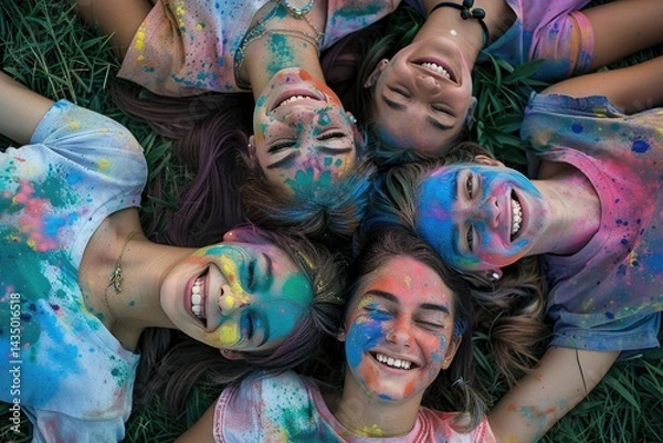 Fototapeta various ethnic groups Covered with Holi powder lying on the grass laughing and looking up and posing for peace for the camera in the park at the Holi festival in summer.