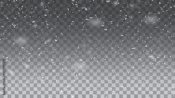 Obraz Falling snowflakes with blurry snow particles on dark transparent background. Vector illustration.