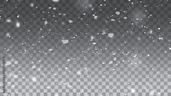 Obraz Falling snow particles blurred in motion on dark transparent background. Christmas snow dust. Vector illustration. 