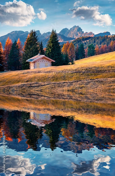Obraz Incredible outdoor scene in Alpe di Siusi with beautiful yellow larch trees and Furchetta mountain on background.